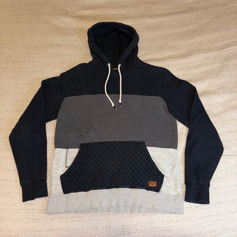 Billabong Surfplus Mens Small Colorblock Quilted Pullover Hoodie Black Grey